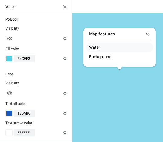 O Map Inspector para água lista os recursos de água e do mapa de plano de fundo. A água é selecionada, e o painel de elementos correspondente é expandido para mostrar as opções de personalização de polígono e rótulo.