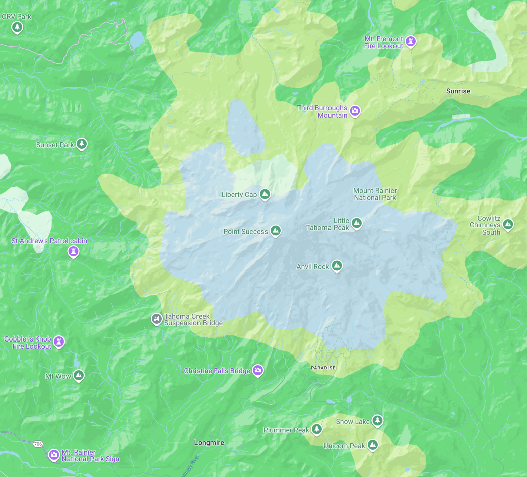 Carte expressive représentant le mont Rainier en bleu entouré de la couleur verte d&#39;un parc