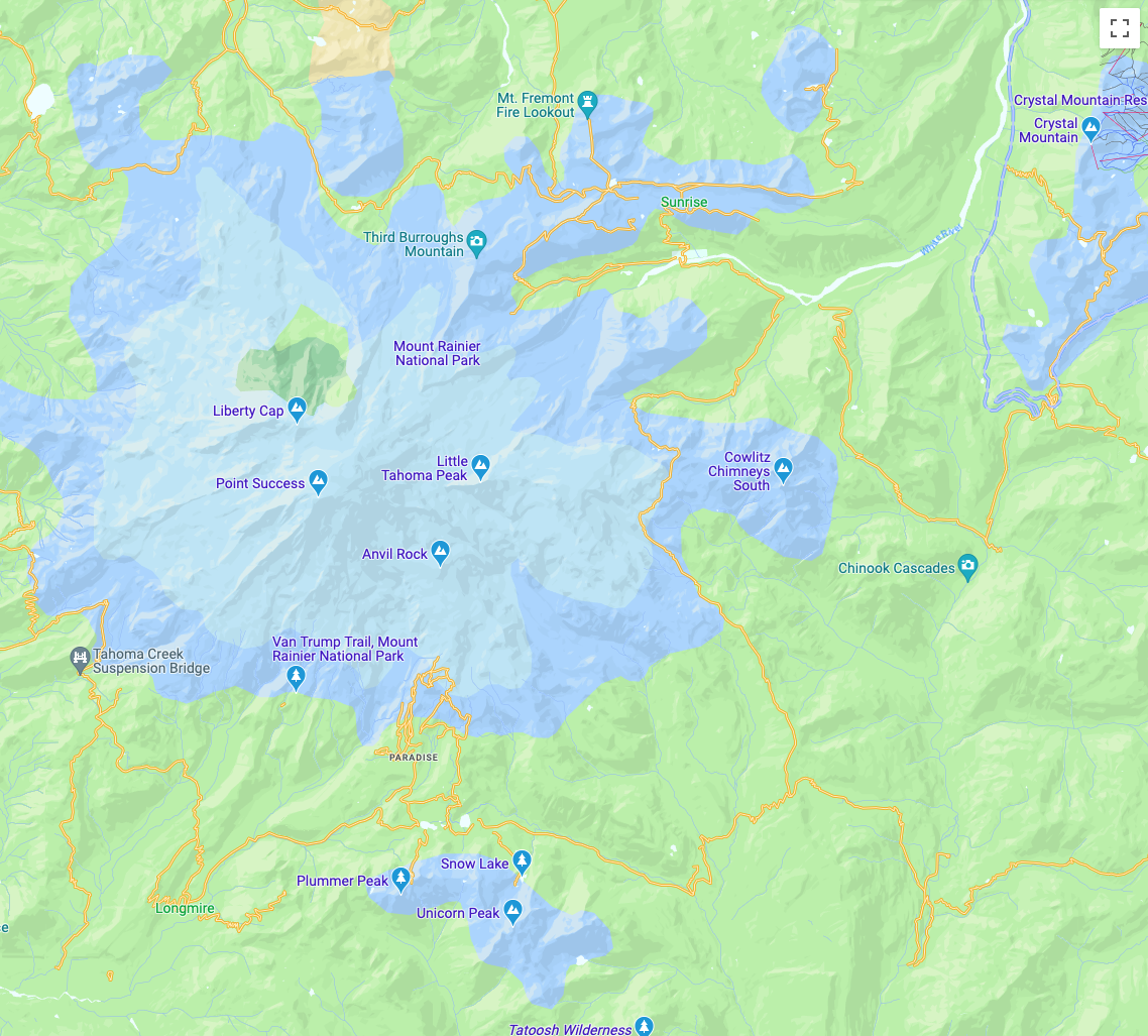 공원의 초록빛 초목으로 둘러싸인 파란색의 레이니어산을 보여주는 지도