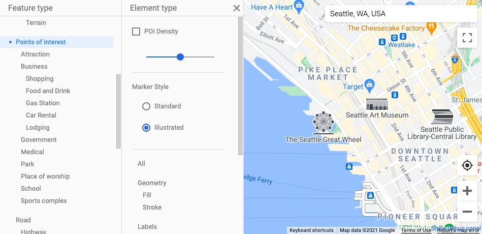 Ảnh chụp màn hình bản đồ cho thấy các khu chợ địa điểm yêu thích đặc trưng: một hình vẽ đường trắng đen nhỏ về địa điểm yêu thích được đề cập. Các điểm đánh dấu này có kích thước gấp khoảng hai đến ba lần so với điểm đánh dấu địa điểm yêu thích tiêu chuẩn (bao gồm cả nền của điểm đánh dấu).