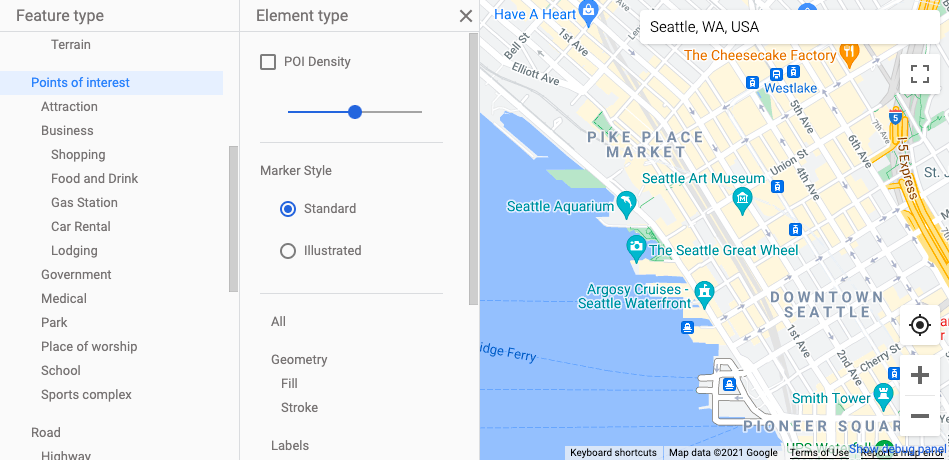 Screenshot di una mappa che mostra gli indicatori standard dei PDI di Google: una piccola icona bianca su un glifo a forma di lacrima.