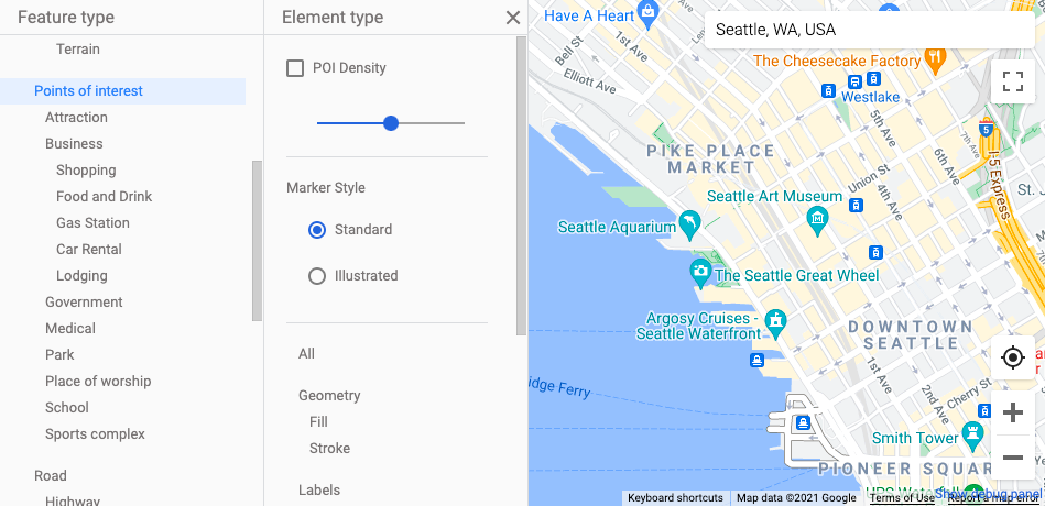 Capture d&#39;écran d&#39;une carte avec des repères de POI Google standards : petit symbole blanc dans une icône turquoise en forme de goutte