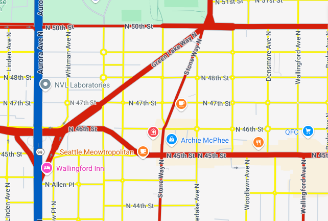 A Seattle map at zoom level 16 where the roads are styled as red, blue, and
yellow.