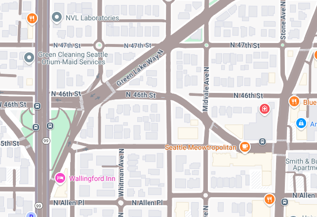 Peta Seattle yang sama pada tingkat zoom 17 dan semua jalan kini berwarna krem karena telah beralih ke fitur peta Jalan.