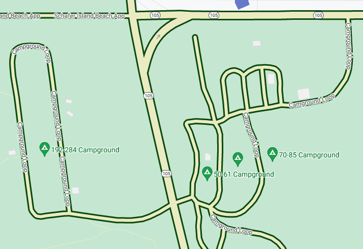 Birkaç yolu gösteren özel tasarlanmış bir haritanın ekran görüntüsü. Yollar yeşil dış çizgili soluk sarı renktedir.