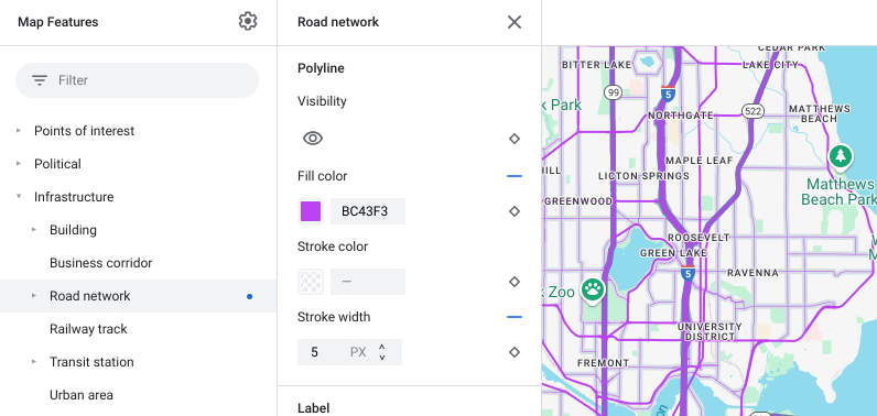 Style de carte montrant les modifications apportées à la couleur de remplissage du réseau routier