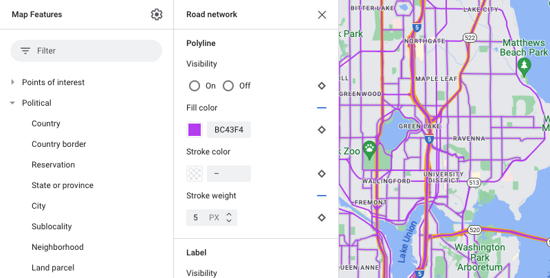 Style de carte montrant les modifications apportées à la couleur de remplissage du réseau routier