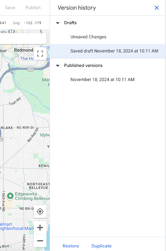 A screenshot of the Maps Styles' Versions pane in the Google Cloud Console. The Save and Publish buttons are above the pane, the version-specific Restore and Duplicate buttons are at the bottom of the Version History pane, and several Draft and Published versions are listed.