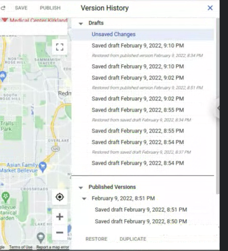 Google Cloud 控制台中地圖樣式版本窗格的螢幕截圖。「Save」(儲存) 和「Publish」(發布) 按鈕位於窗格上方，而特定版本的「Restore」(還原) 和「Duplicate」(複製) 按鈕位於「Version History」(版本記錄) 窗格底部，其中列出數個「草稿」和「已發布版本」。