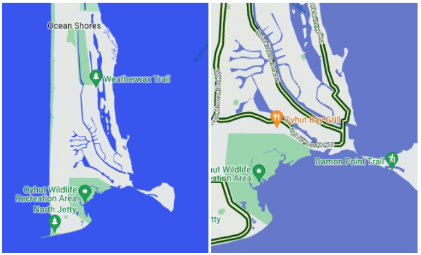 Zwei Screenshots einer Karte mit benutzerdefinierten Stilen. Links ist Land zu sehen, das von mittel- bis dunkelblauem Wasser umgeben ist. Rechts ist der gleiche Bereich auf der Karte um eine Stufe herangezoomt zu sehen. Das Blau des Wassers ist etwas heller als auf der Karte links.
