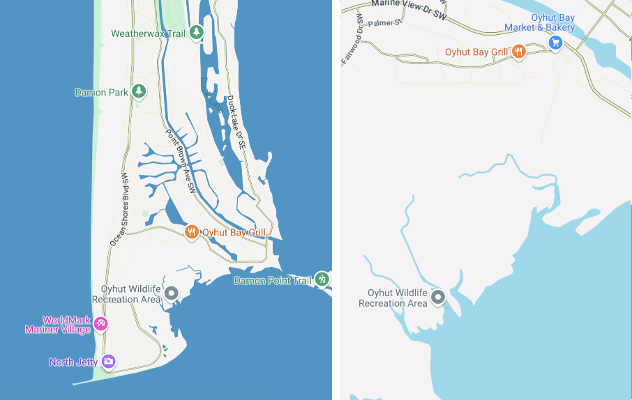 Dua screenshot peta bergaya kustom. Screenshot kiri menunjukkan daratan yang dikelilingi air berwarna biru gelap sedang. Screenshot kanan menunjukkan area yang sama di peta, yang diperbesar satu tingkat. Air berwarna biru yang sedikit lebih terang dibandingkan peta di sebelah kiri.