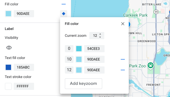 Gaya tingkat zoom baru untuk tingkat zoom 12 saat ini akan muncul di panel gaya visual tingkat zoom dengan nilai peta dasar default.