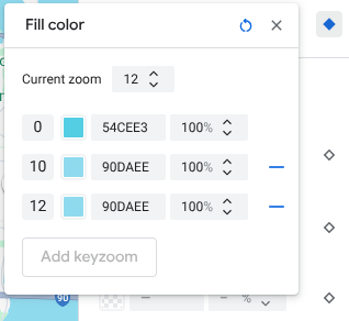 A new zoom-level style for the current zoom level 12 appears in the keyzoom panel with its default basemap value.