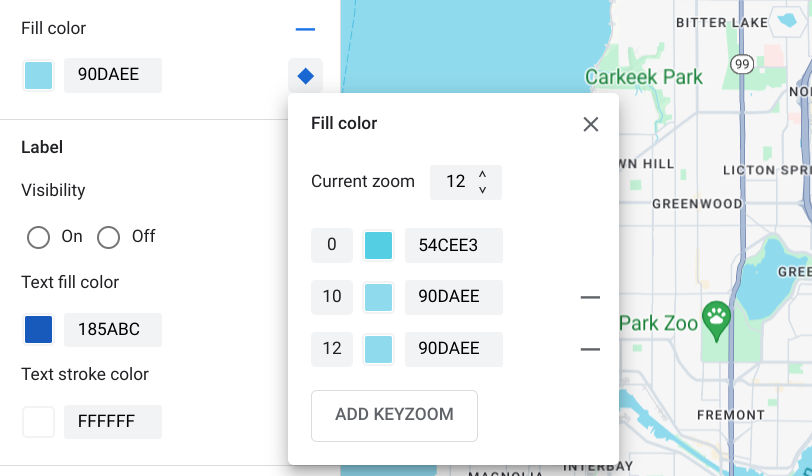 A new zoom-level style for the current zoom level 12 appears in the zoom-level styling pane with its default basemap value.