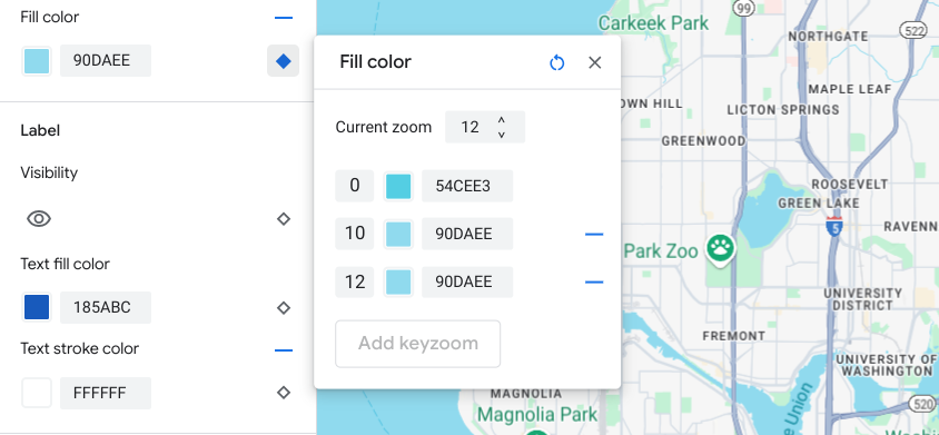 Un nouveau style selon le niveau de zoom pour le niveau de zoom 12 actuel apparaît dans le volet du style selon le niveau de zoom, avec sa valeur de carte de base par défaut.