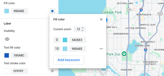 現在のズームレベルのすべての keyzoom スタイルとセレクタが表示されているメニュー