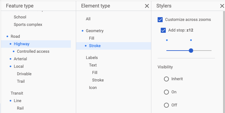 Captura de pantalla de los tres paneles de editor de elementos en el Editor de diseños de mapa. Está seleccionado el tipo de componente de autopista (Highway), al igual que el tipo de elemento de trazo (Stroke). Está marcada la casilla Customize across zooms y el control deslizante de zoom muestra dos puntos azules, que indican dos niveles de zoom personalizados.