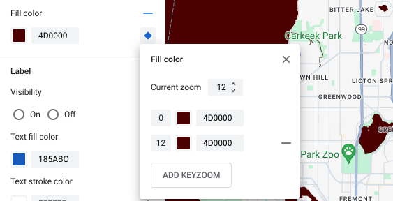 水域元素的填充颜色设置为深红色。在缩放级别样式设置窗格中，添加的 keyzoom 也设置为深红色。