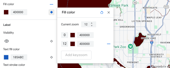 El color de relleno del elemento de agua se estableció en rojo oscuro. En el panel de diseño basado en el nivel de zoom, el keyZoom agregado también está configurado en rojo oscuro.