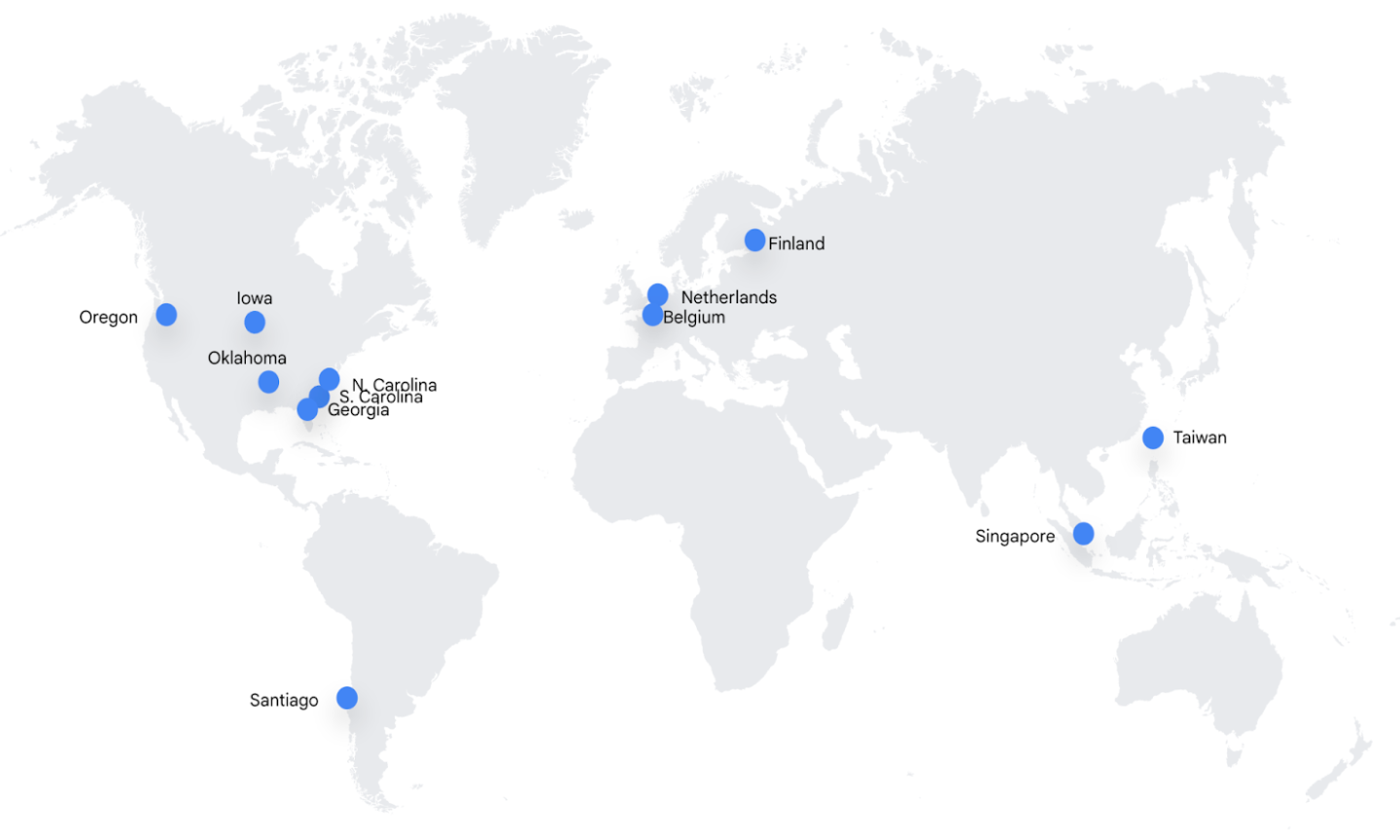 Mapa-múndi mostrando os locais dos data centers como pontos azuis