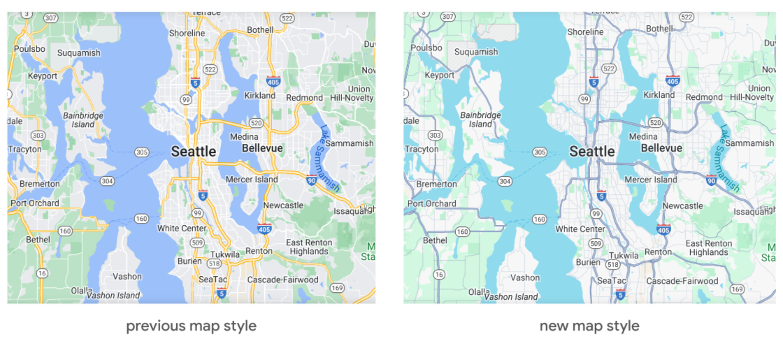 진한 파란색 물과 노란색 도로의 이전 지도 스타일과 청록색 물과 회색 도로의 업데이트된 지도 스타일을 비교하여 보여주는 시애틀의 두 지도