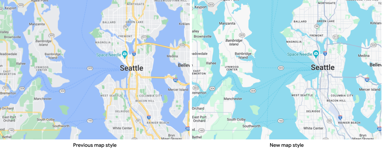 Zwei Karten von Seattle mit dem alten Kartenstil mit dunkelblauem Wasser und gelben Straßen im Vergleich zum aktualisierten Kartenstil mit blaugrünem Wasser und grauen Straßen