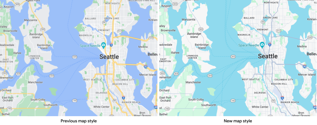 西雅图的两幅地图，一幅是旧版地图样式，水域为深蓝色，道路为黄色；另一幅是更新后的地图样式，水域为青绿色，道路为灰色