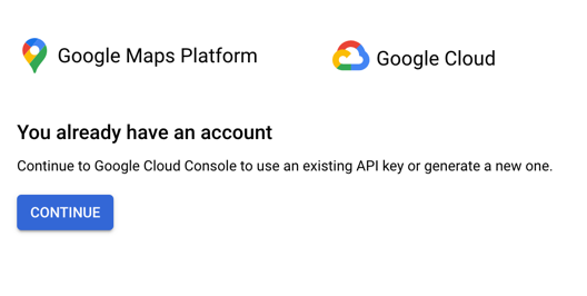 アカウントがすでに存在する旨を伝え、ユーザーを Cloud Console に誘導するウィジェットの画面