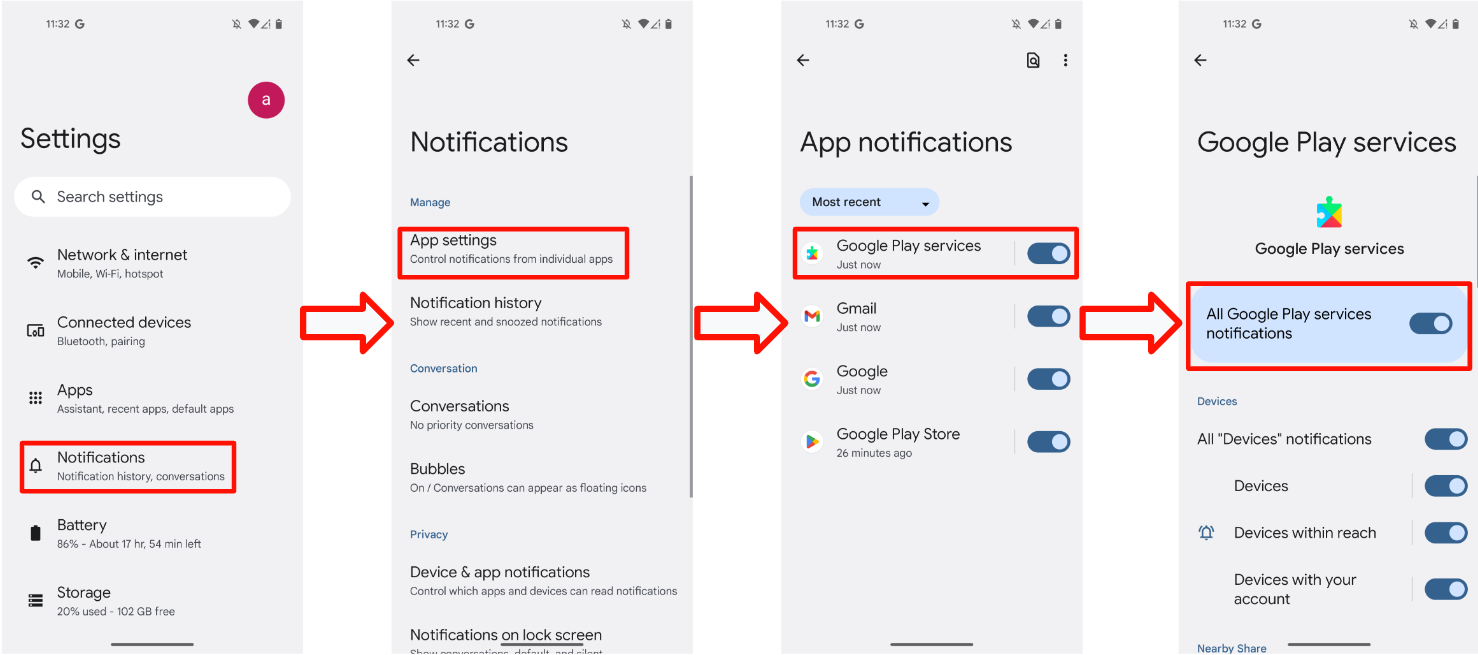 Cette figure montre comment le bouton d&#39;activation/de désactivation des notifications s&#39;affiche dans les services Google Play.