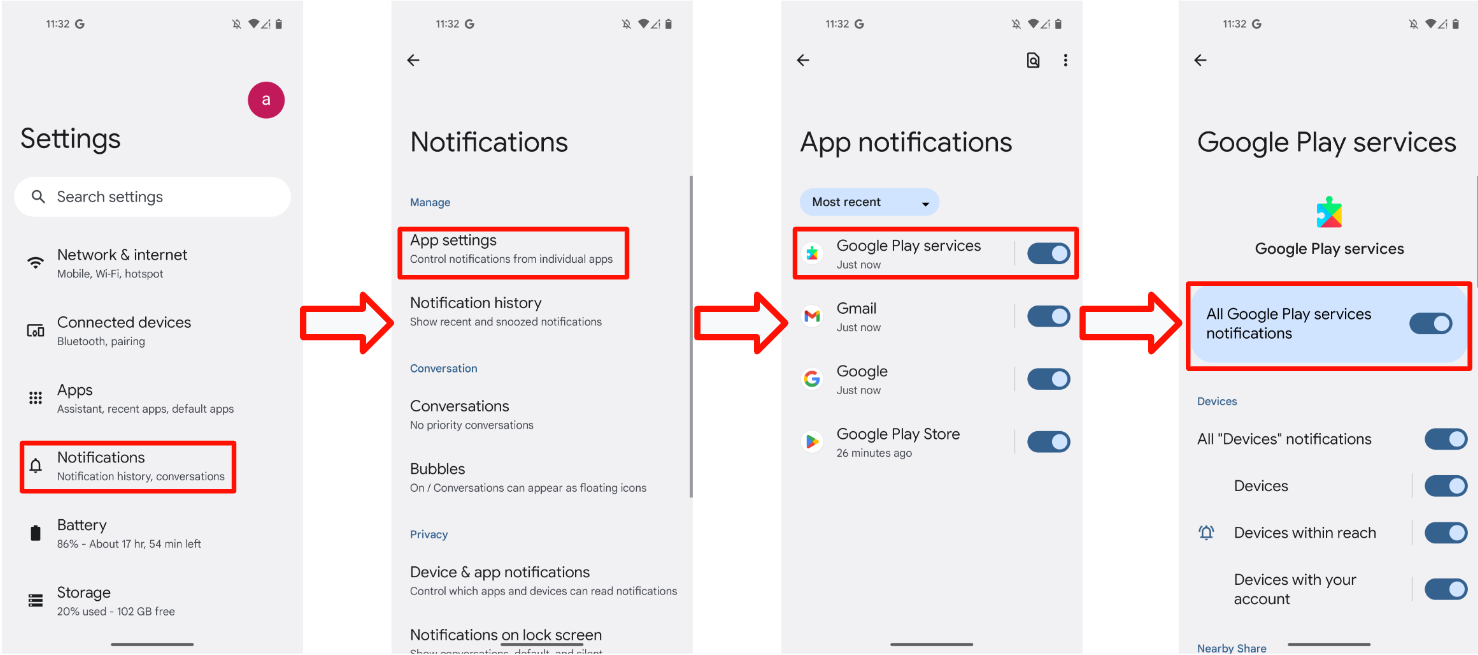 Esta figura mostra como as notificações alternam no Google Play Services.