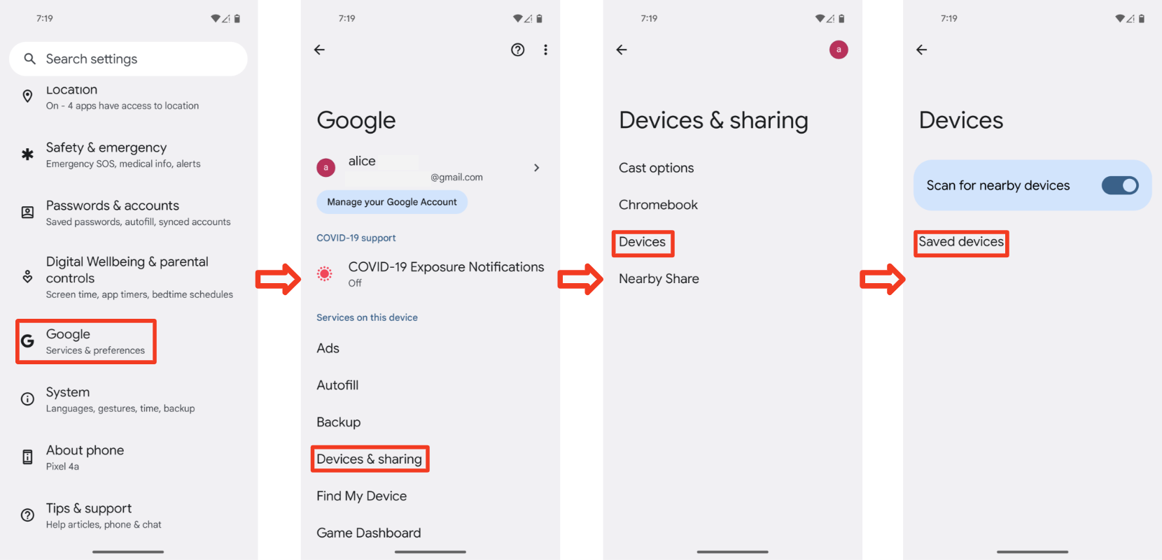 Esto muestra el flujo completo para encontrar dispositivos vinculados, incluido el desplazamiento hacia abajo en la página de configuración.