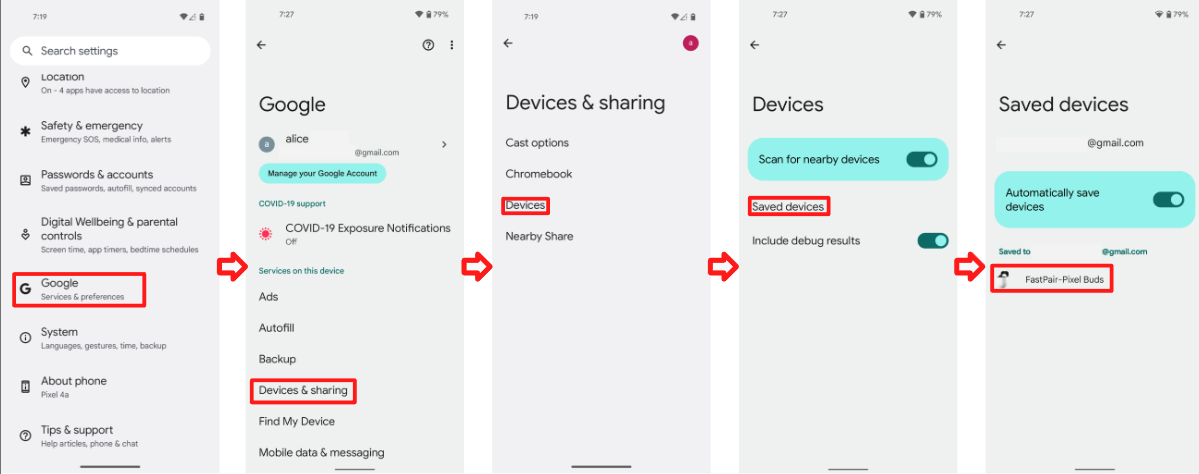 Se muestra el flujo completo para encontrar dispositivos vinculados, incluido el desplazamiento hacia abajo en la página Configuración.