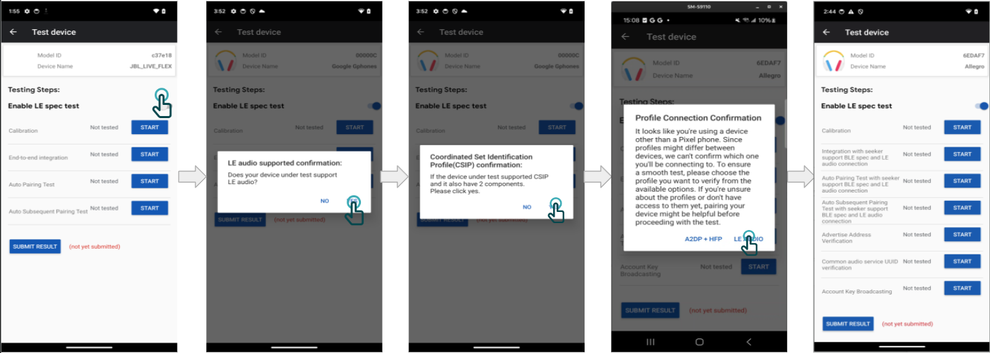 Kullanıcı, Pixel olmayan telefonun LE Audio&#39;yu desteklediğini onaylarsa LE Audio testleri gösterilir.