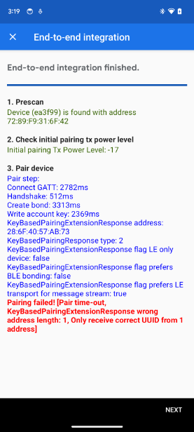 این برنامه یک خطای طول آدرس KeyBasedPairingExtensionResponse را در آزمون E2E Integration نشان می دهد. The app shows a KeyBasedPairingExtensionResponse address length error in the E2E Integration test.