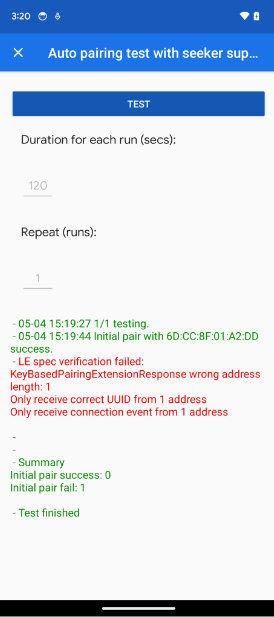 The app shows a KeyBasedPairingExtensionResponse address length error in the Auto Pairing and Auto Subsequent Pairing tests.