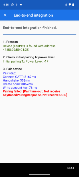 La app muestra un error KeyBasedPairingResponse en la prueba de integración de E2E.