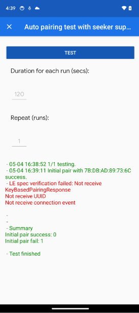 Aplikasi menampilkan error KeyBasedPairingResponse dalam pengujian Penyambungan Otomatis dan Penyambungan Otomatis Berikutnya.