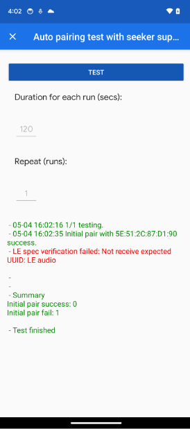 The app shows the unexpected UUID error in the Auto Pairing and Auto Subsequent Pairing tests.