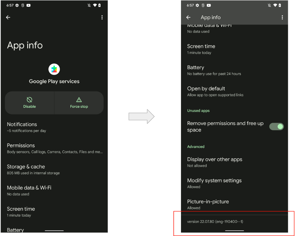 Versi GMS dapat ditemukan di halaman Info Aplikasi untuk layanan Google Play.