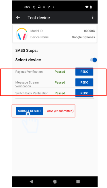 Figure 21: This shows how to submit test results with the 'submit' button.