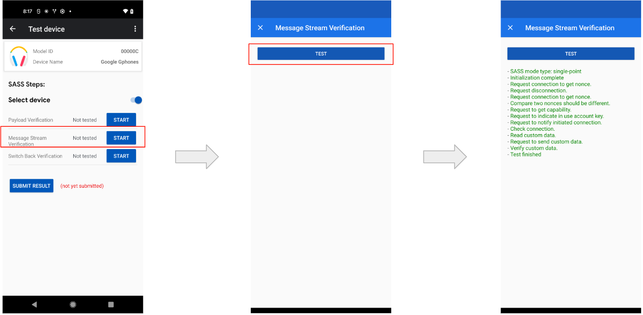 図 9: サンプル デバイスのメッセージ ストリーム検証テスト結果を示しています。