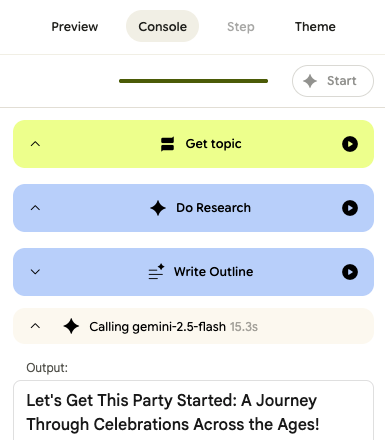 Each step is listed in the console with additional details