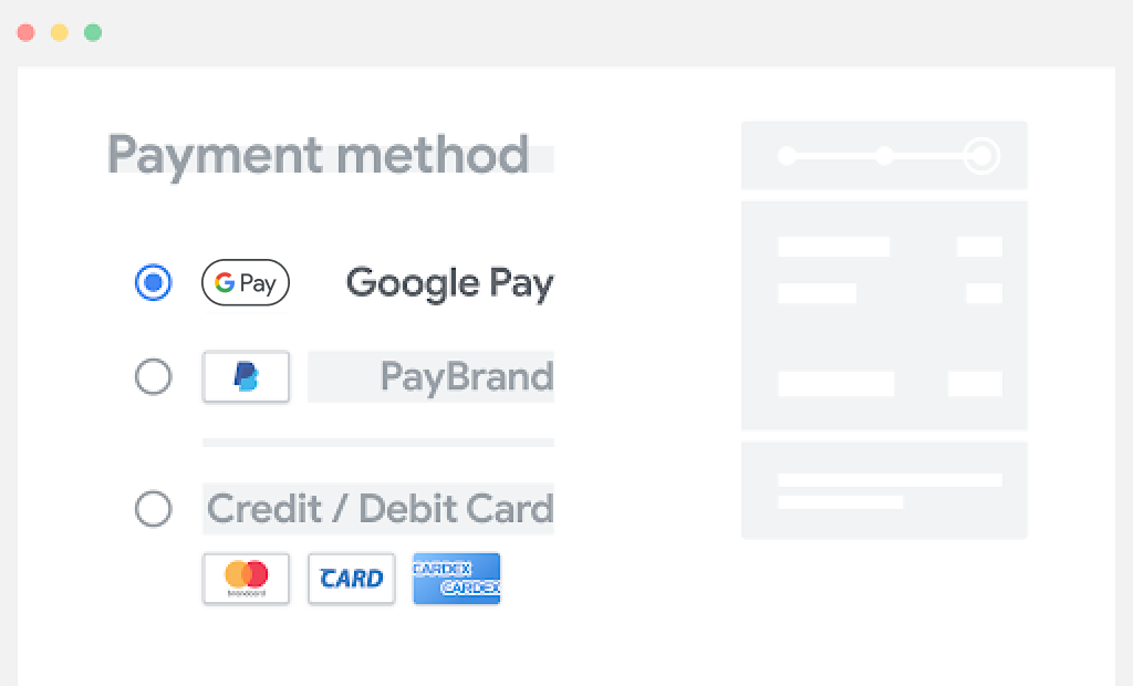 Разместите кнопку Google Pay вверху списка доступных способов оплаты.