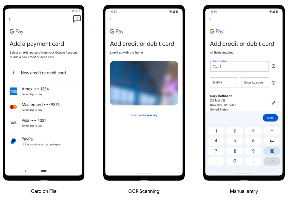 Adding cards to Google Pay using three different methods: Card on File, OCR Scanning, and manual entry