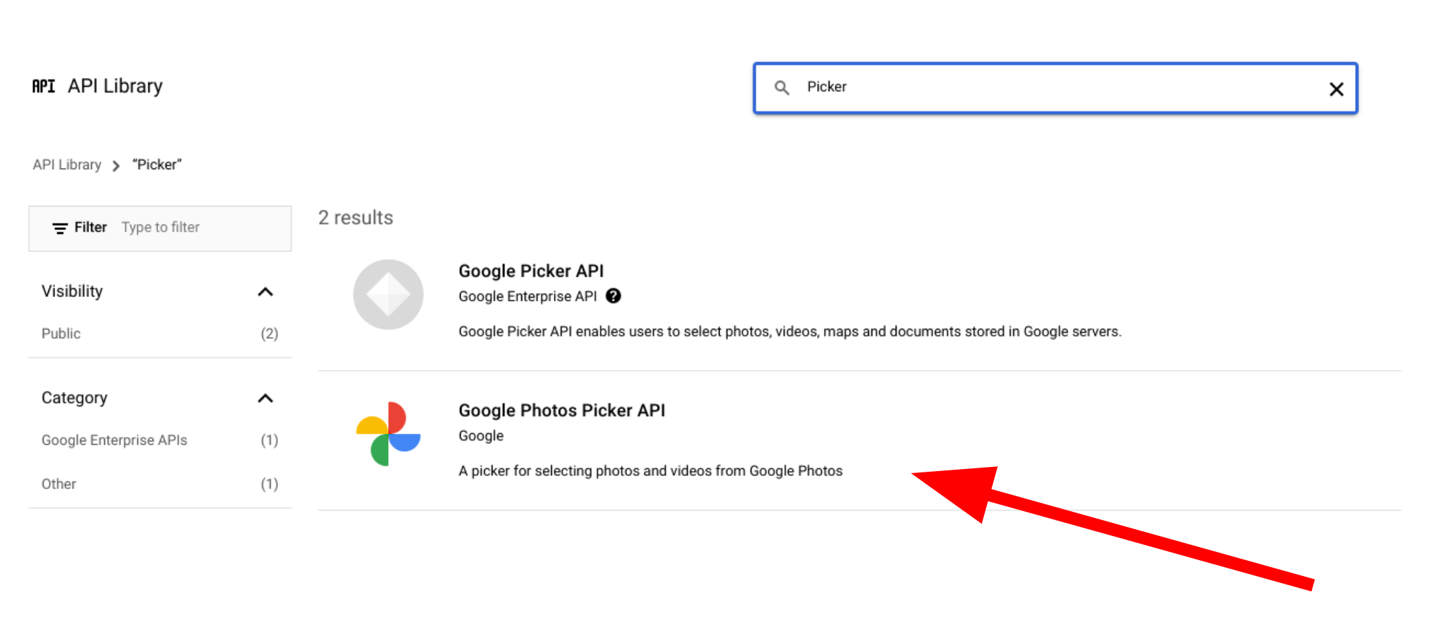 Google Cloud 控制台中的 Picker API 螢幕截圖