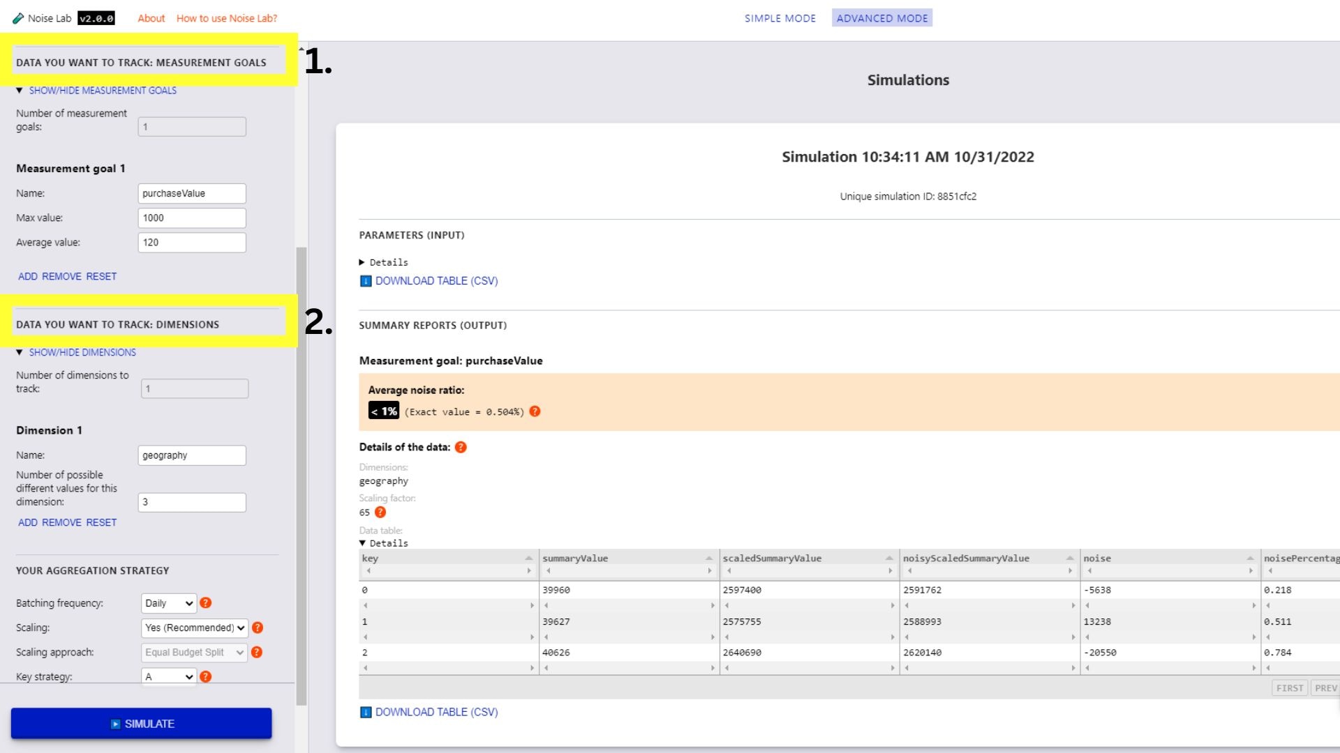 Advanced mode offers controls for measurement goals and dimensions to track, highlighted in the sidebar.