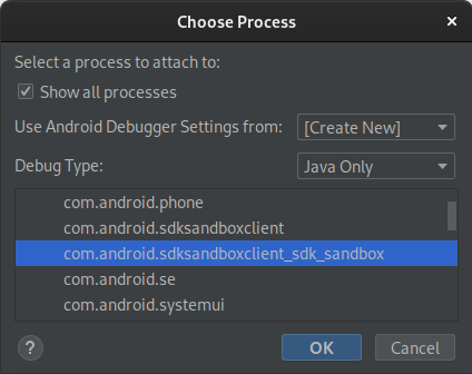 Il processo dell&#39;app SDK viene visualizzato in una visualizzazione elenco nella parte inferiore della finestra di dialogo