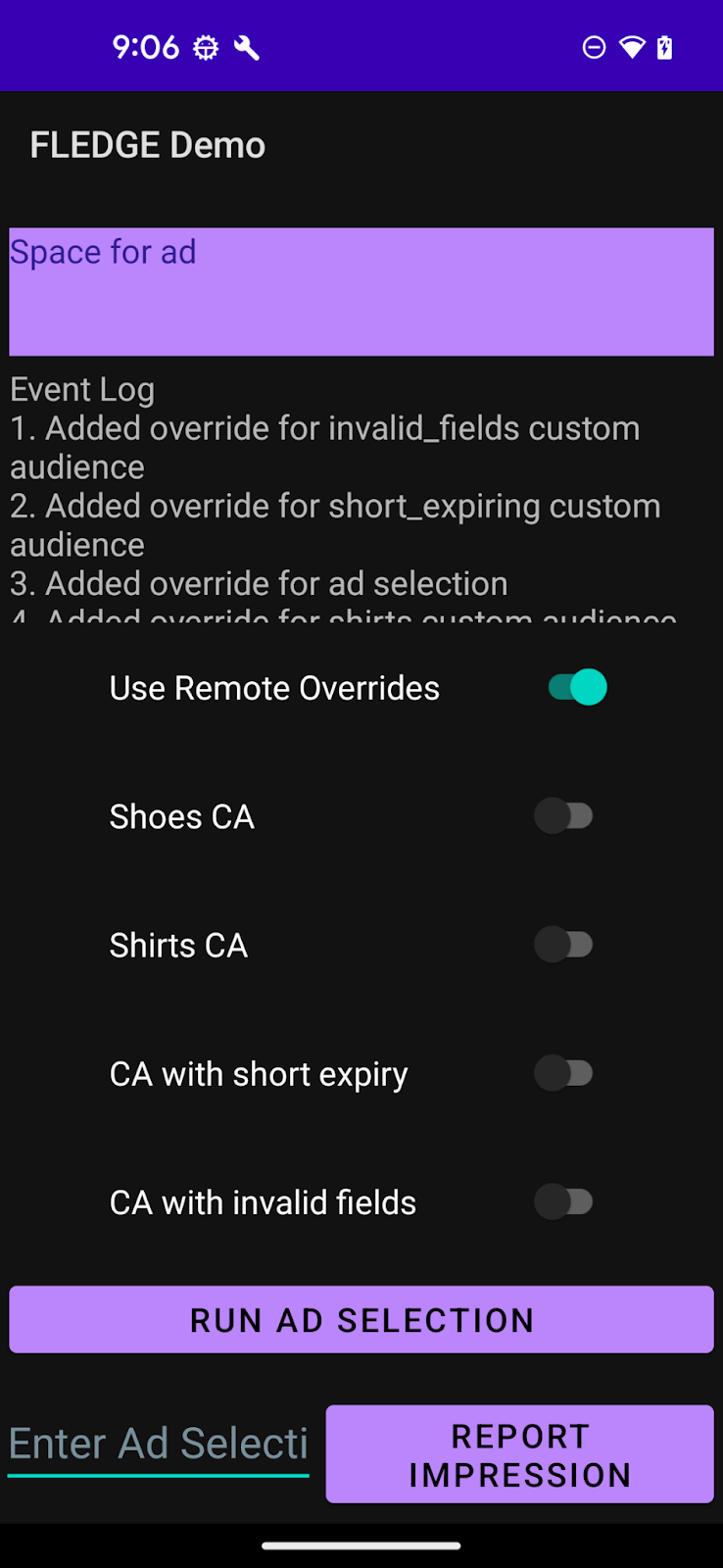 Protected Audience 範例應用程式的螢幕截圖，其中「Shoes CA」按鈕已切換為開啟。