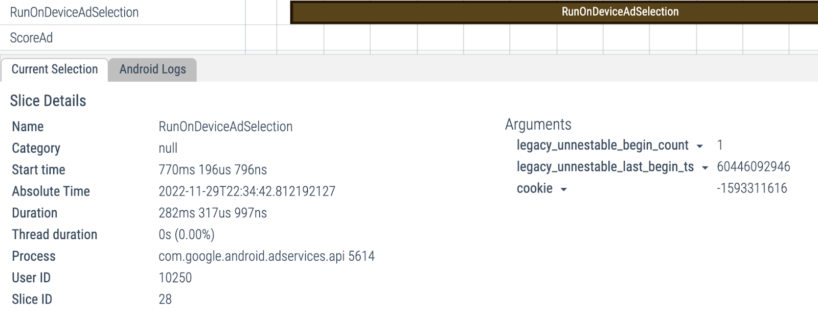 Interface do Perfetto inspecionando um segmento de rastro. Os detalhes de latência estão visíveis.