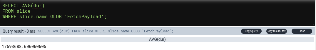 SQL query results. Average latency is 17693688 nanoseconds.